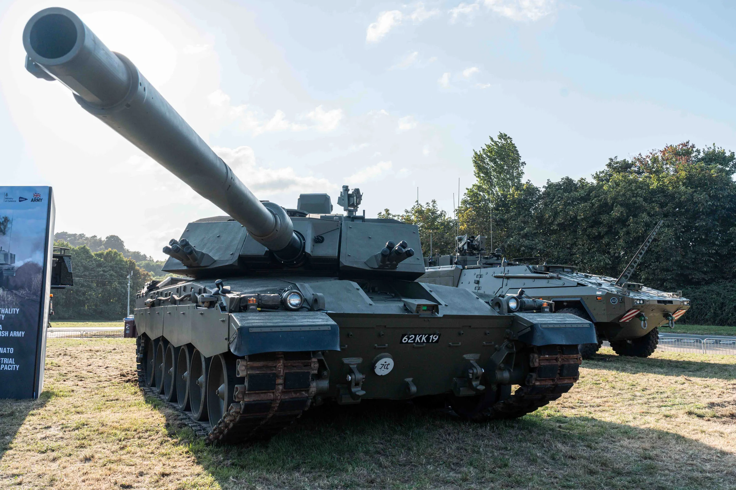 A British Army Challenger 3 main battle tank on display.